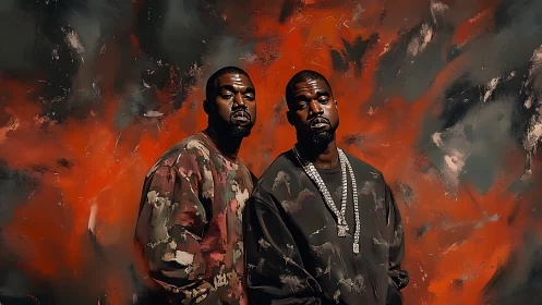 Digital portrait diptych against abstract inferno backdrop.