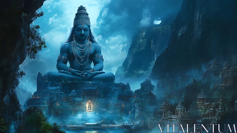 Majestic blue mountain deity watches over a misty sacred city