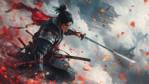 Dynamic samurai warrior rendered with painterly motion effects