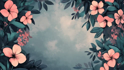 Coral Blossoms Framing Misty Sky Composition.