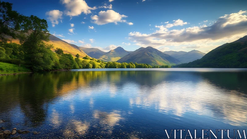 Mountain lake mirrors drifting clouds in hushed sunset hush