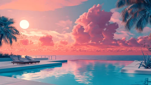 Synthetic sunset poolscape with volumetric clouds and cyan lighting