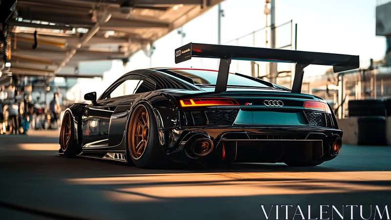 Audi R8 GT race car in pit lane with large rear wing.