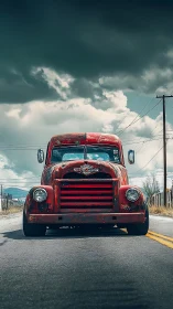 Rust-kissed red truck rumbles defiantly beneath storm clouds