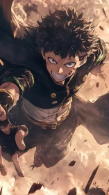 Determined anime hero dives through fractured storm sky.