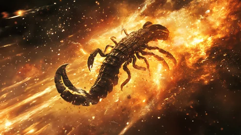 Scorpion silhouette rendered within luminous fiery nebula field