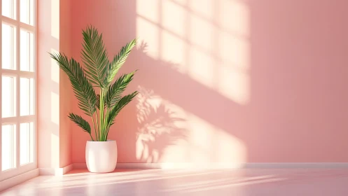 Sunlit potted palm with volumetric window shadow geometry.