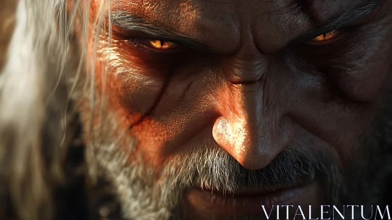 Weathered warrior close-up with intense glowing eyes.