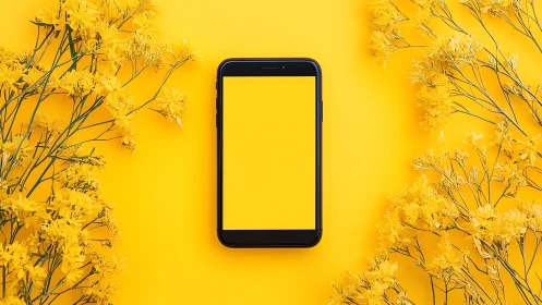 Black smartphone lies centered among yellow flowers