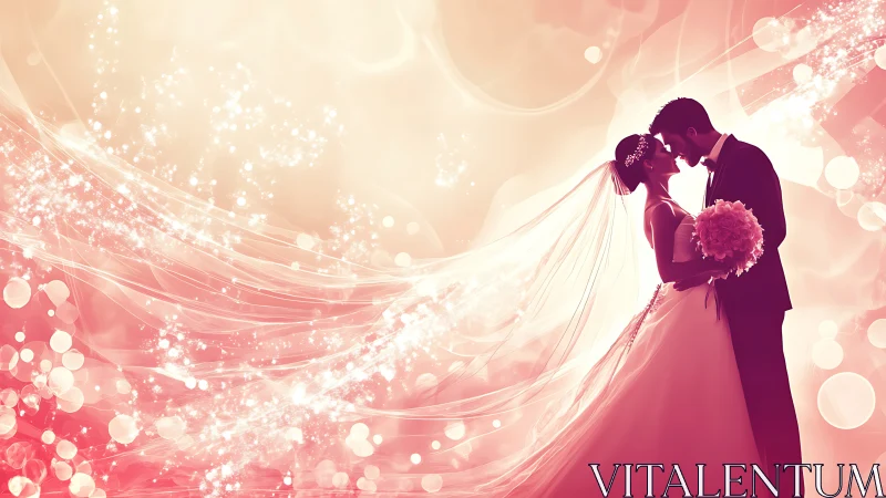 Romantic bridal couple in glowing pink bokeh dreamscape.
