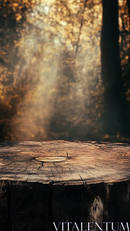 Weathered Tree Stump Bathed in Golden Forest Light.