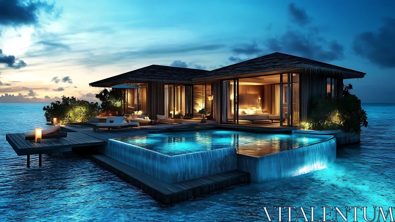 Modern overwater villa with illuminated infinity pool at dusk