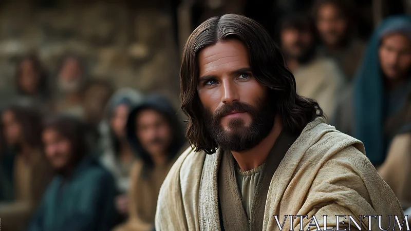 Serene robed teacher in soft-focus gathering scene portrait.