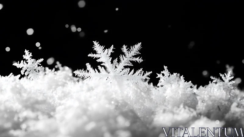 Macro photograph shows isolated snowflakes against dark field
