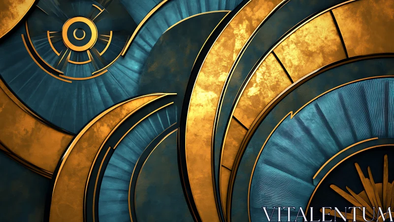 Geometric teal and gold abstract with layered metallic arcs.