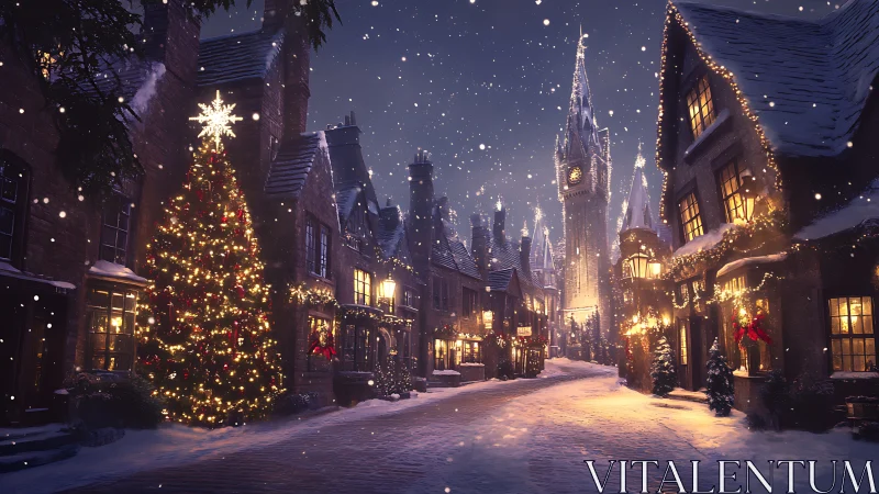 Snowlit village boulevard wrapped in enchanted Christmas glow.