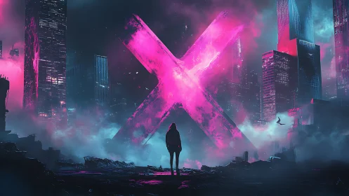 Neon crossroads with a lone wanderer in a misty future city.