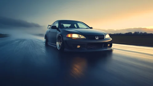 Honda coupe drifts across wet track at cinematic sunset.