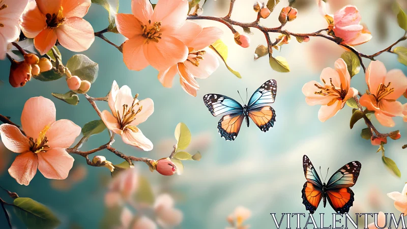 Butterflies hover among peach blossoms on softly lit branches