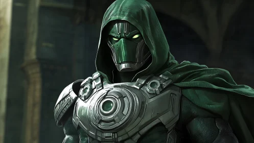 Hooded emerald warforged sentinel with eerie neon gaze.