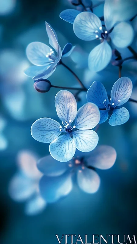 Blue delicate flowers with translucent petals and soft focus background