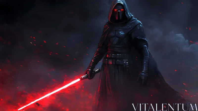 Dark hooded warrior with glowing red sword in smoke.