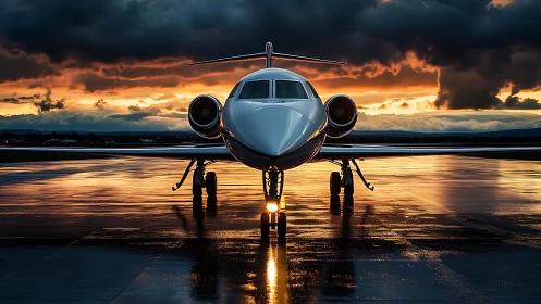 Business jet on wet runway under dramatic sunset sky