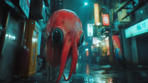 Glowing red squid creature drifts through neon alleyway night
