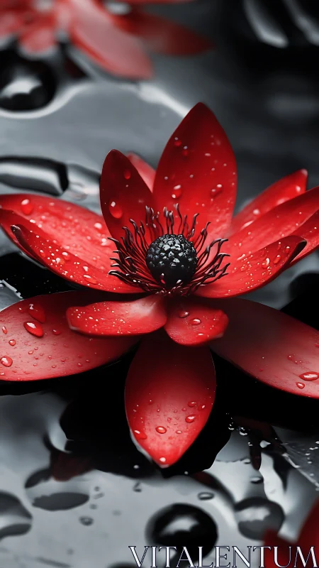 Crimson lotus macro on reflective black liquid surface.