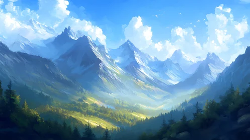 Mountain valley rendered with atmospheric depth and volumetric light