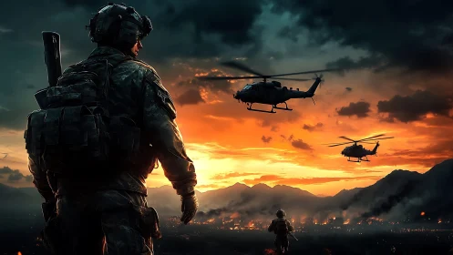 Armed soldiers and helicopters over burning valley at dusk.