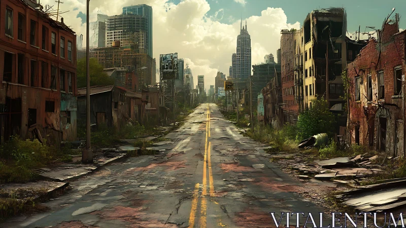 Deserted urban avenue with decayed facades and overgrown asphalt corridor