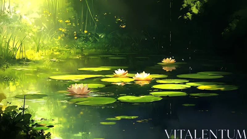 Water lily pond under filtered forest light at midday.