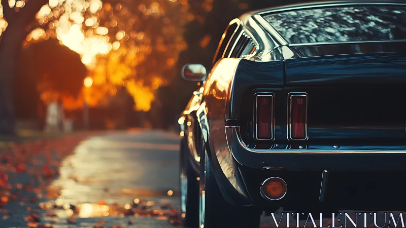 Golden hour glow wraps a vintage car in warm autumn light
