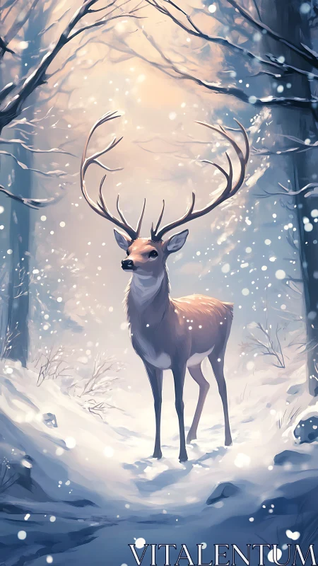 Snowlit stag holding quiet court in a soft winter hush.