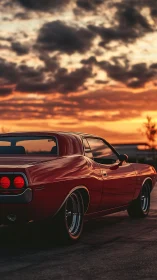 Vintage red muscle car rendered against a dramatic sunset sky