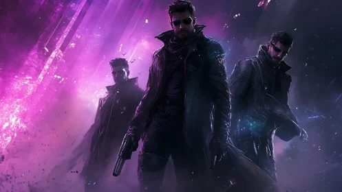 Bold cyberpunk trio strides through glowing neon storm
