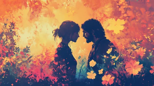 Dual silhouettes merge within hot-toned floral gradient field overlay composition