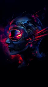 Neon cybernetic portrait in profile with glowing visor.