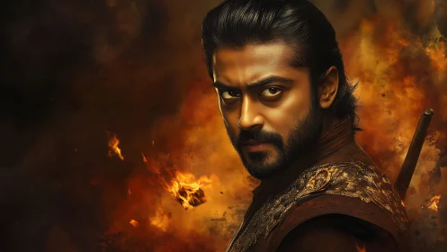 Smoldering warrior portrait amid swirling cinematic flames.