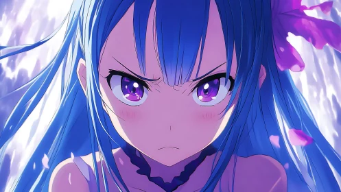 Intense blue haired anime girl with violet eyes and petals
