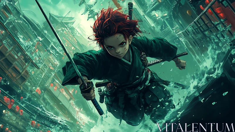 Samurai youth advancing through flooded neon city street.