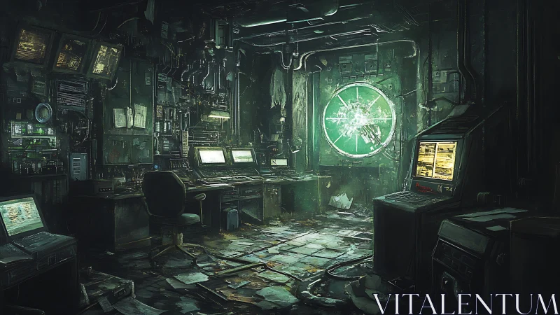 Cyberpunk control room glows with eerie green technology light