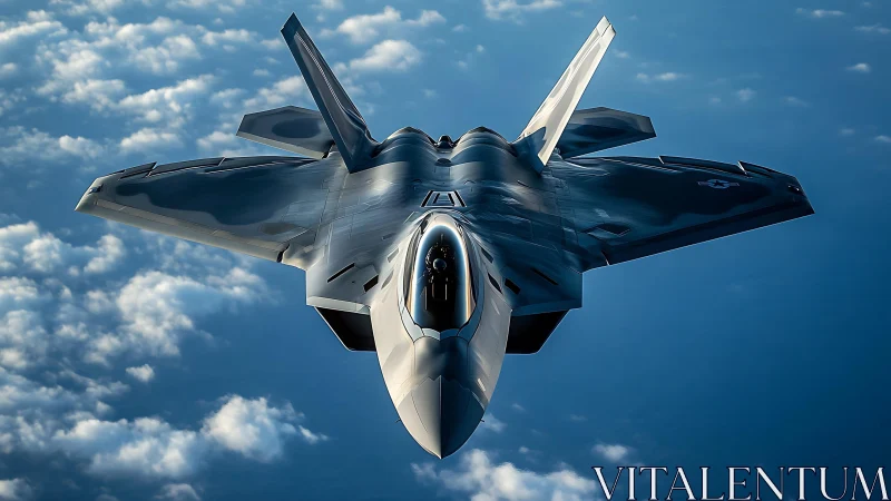 Stealth fighter jet captured in frontal oblique view above clouds