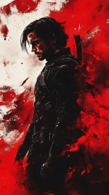 Brooding warrior framed in crimson storm of memory and fire.