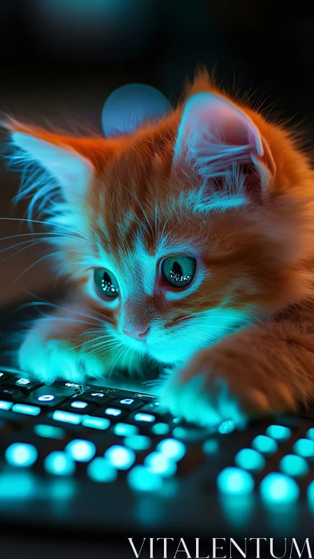 Neon Cyberpunk Cat at Illuminated Keyboard