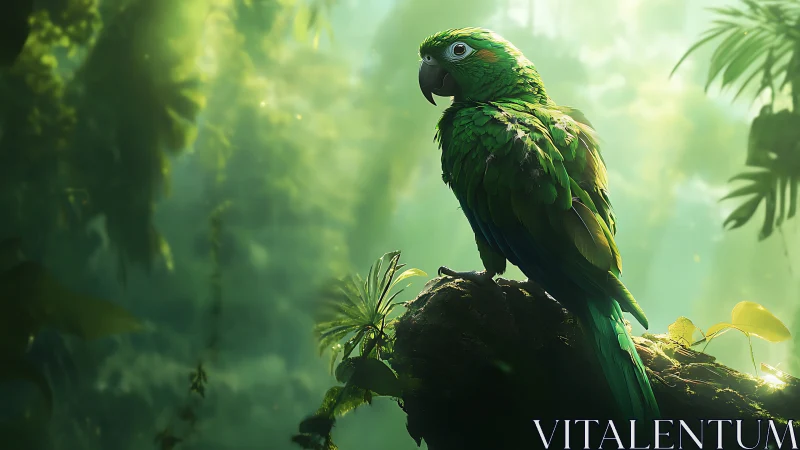 Emerald parrot resting on mossy branch in glowing rainforest.