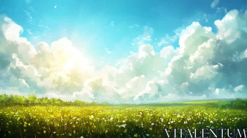 Sunlit wildflower ocean under roaming cloud cathedrals.