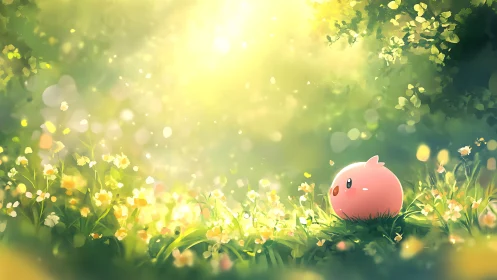 Pink forest creature rests in luminous wildflower glade.