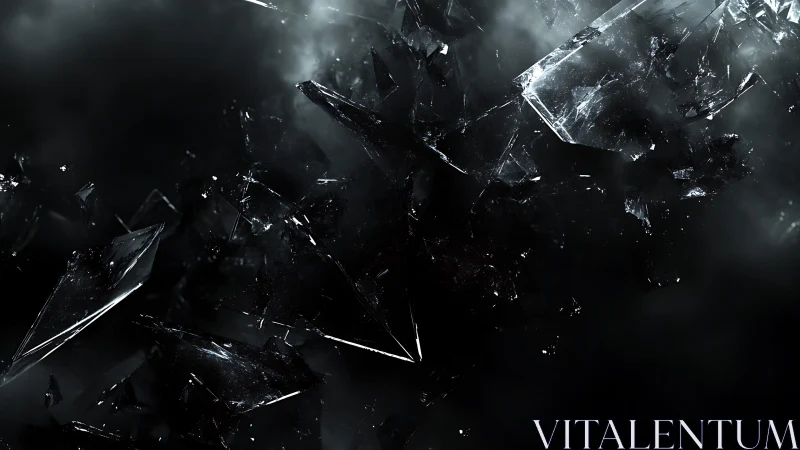 Shattered Glass Fragments in Dark Abstract Digital Artwork.